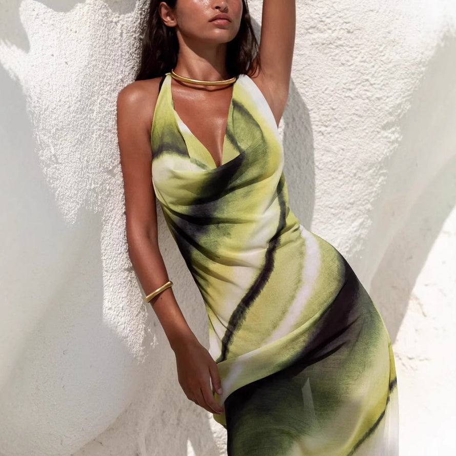 Damen Sexy Bedrucktes Rückenfreies Neckholder-Maxikleid