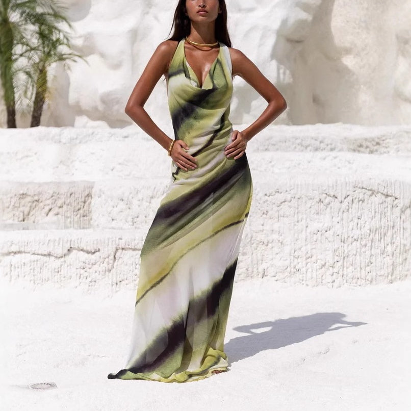 Damen Sexy Bedrucktes Rückenfreies Neckholder-Maxikleid