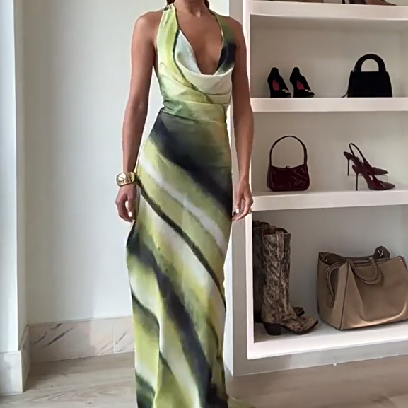 Damen Sexy Bedrucktes Rückenfreies Neckholder-Maxikleid