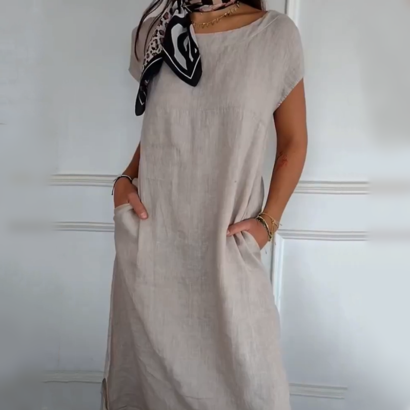 🌿Damen Kurzarmkleid mit Rundhalsausschnitt aus Baumwoll-Leinen
