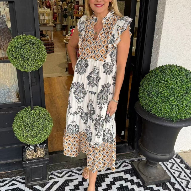 Elegantes, bedrucktes Damenkleid mit Rüschenärmeln