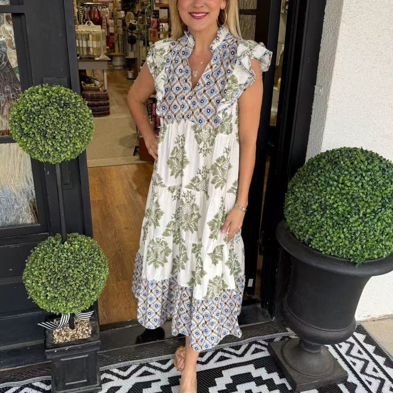 Elegantes, bedrucktes Damenkleid mit Rüschenärmeln