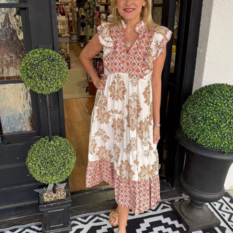 Elegantes, bedrucktes Damenkleid mit Rüschenärmeln
