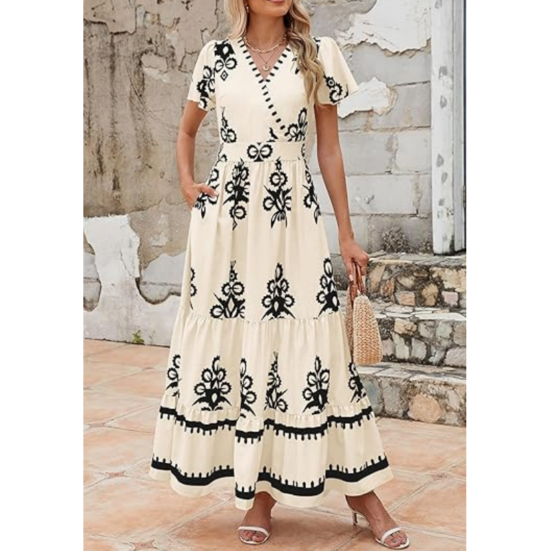 Dames Casual V-Hals Boho Maxi Jurk
