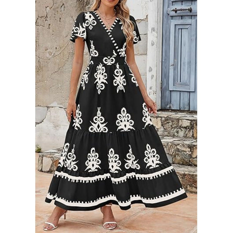 Dames Casual V-Hals Boho Maxi Jurk