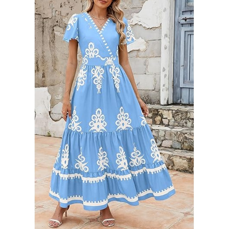 Dames Casual V-Hals Boho Maxi Jurk