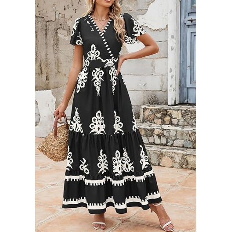 Dames Casual V-Hals Boho Maxi Jurk