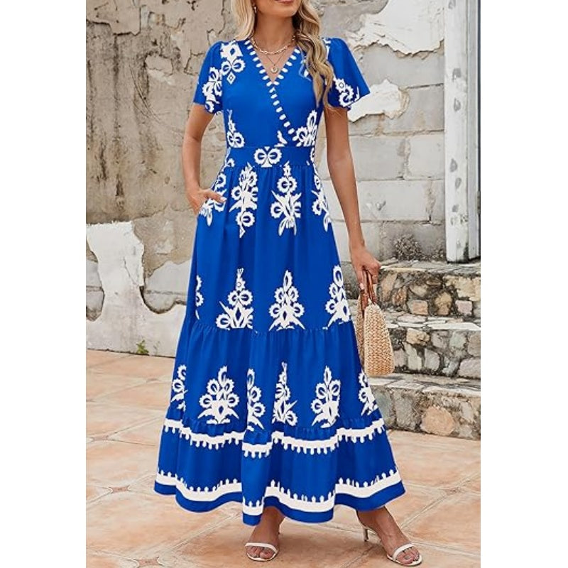 Dames Casual V-Hals Boho Maxi Jurk