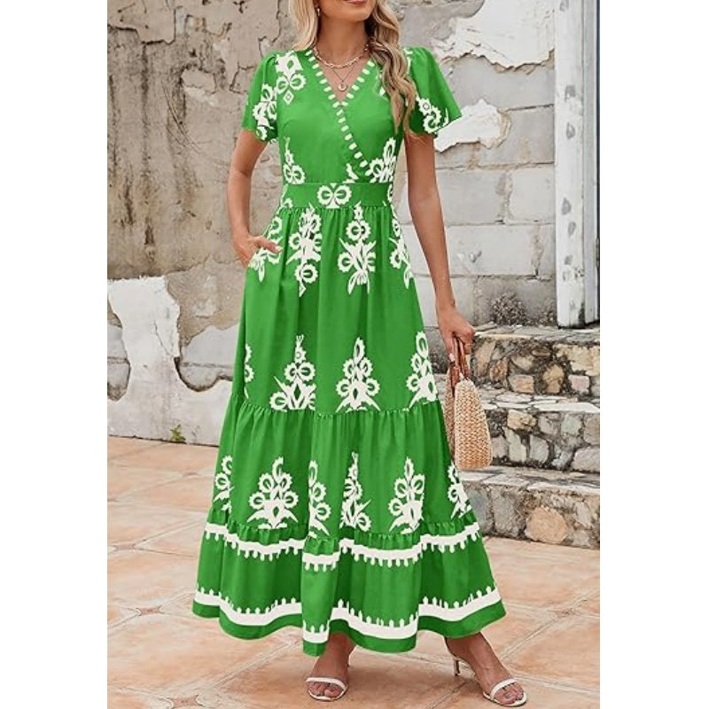 Dames Casual V-Hals Boho Maxi Jurk