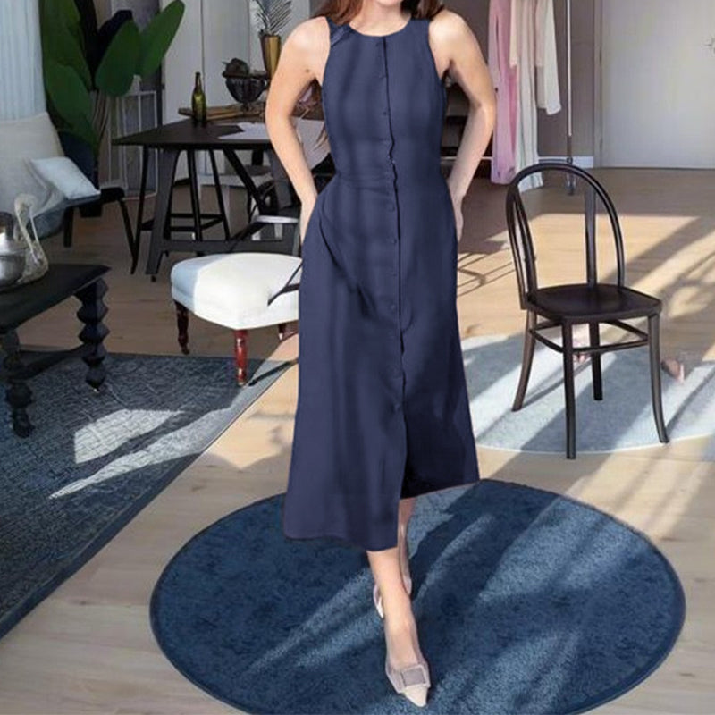 Elegantes ärmelloses Damenkleid mit Knopfleiste vorne und Bindegürtel