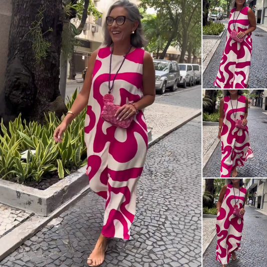 Lässiges und modisches ärmelloses Kleid mit Rundhalsausschnitt und Druck