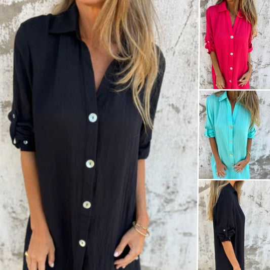 Lässiges Button-Down-Longshirt mit V-Ausschnitt für Damen