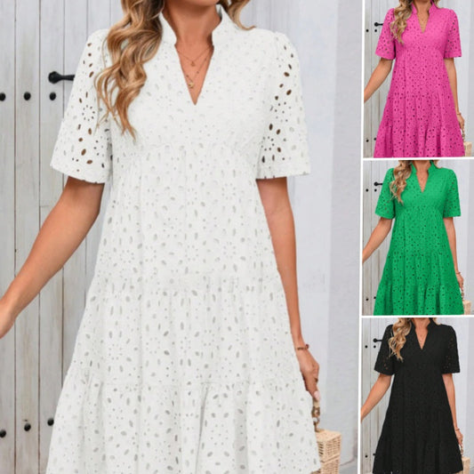 Damen A-Linien Kleid mit V-Ausschnitt, Lochmuster und Druck