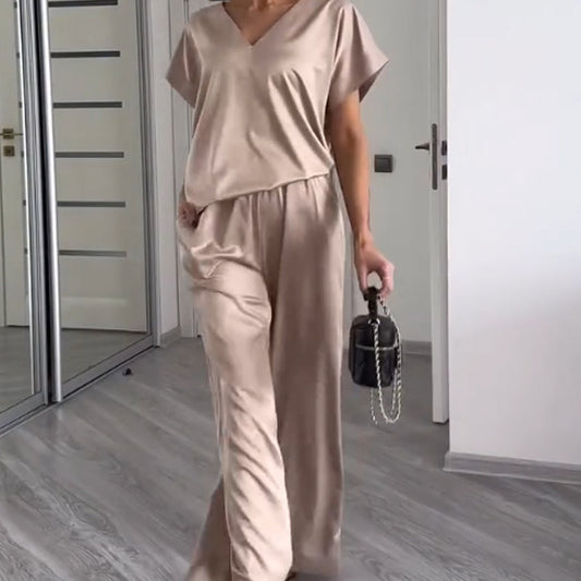 🌸Frühjahrs-Specials🌸Feste Farbe, lockerer V-Ausschnitt, kurze Ärmel und Hose, zweiteiliges Set