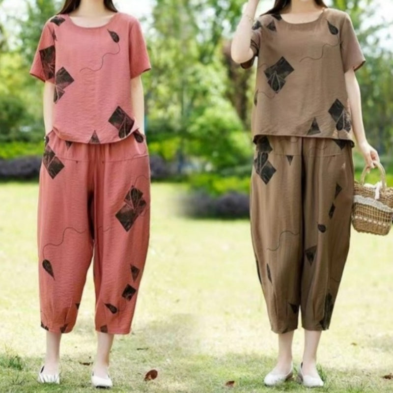 Damen-Set: Bedrucktes Kurzarm-Oberteil & 7/8-Hose