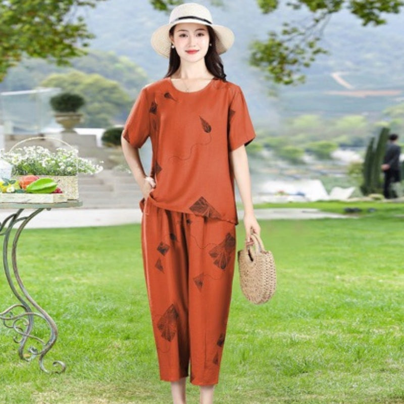 Damen-Set: Bedrucktes Kurzarm-Oberteil & 7/8-Hose