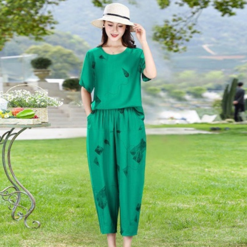 Damen-Set: Bedrucktes Kurzarm-Oberteil & 7/8-Hose