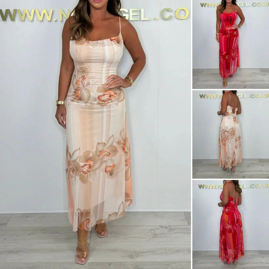 Spaghetti-Träger Mesh Floral Maxi Dres