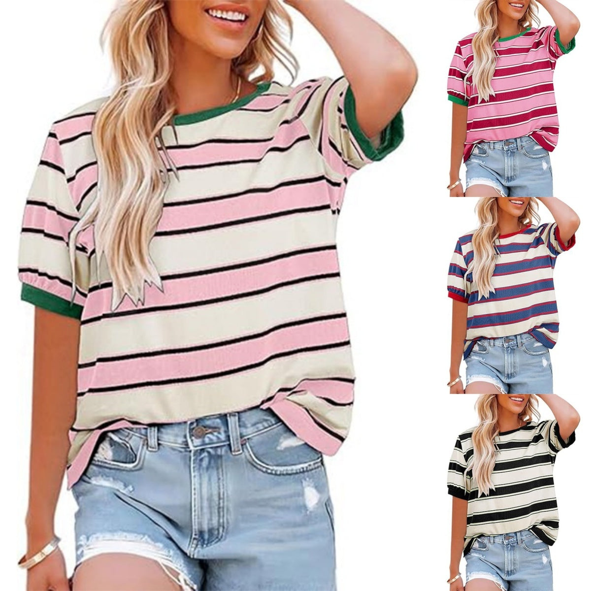 Lässiges gestreiftes T-Shirt mit Farbblockmuster für Frauen