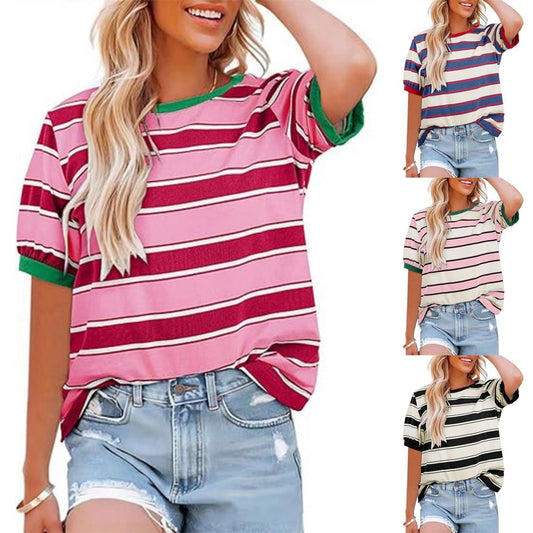 Lässiges gestreiftes T-Shirt mit Farbblockmuster für Frauen