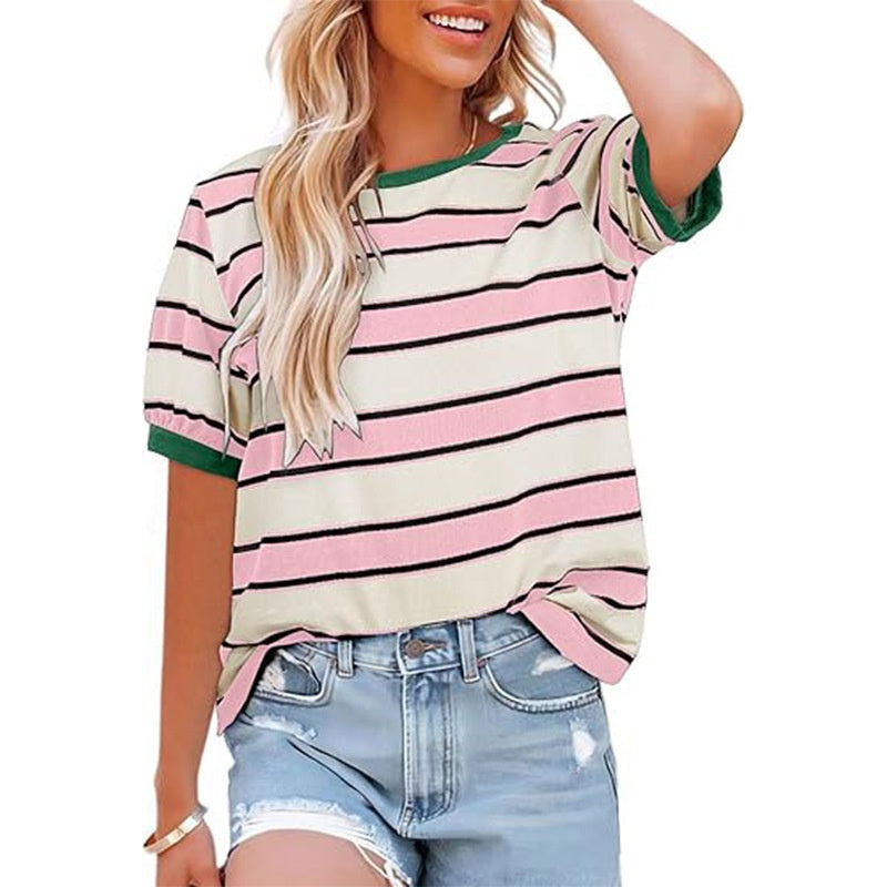 Lässiges gestreiftes T-Shirt mit Farbblockmuster für Frauen