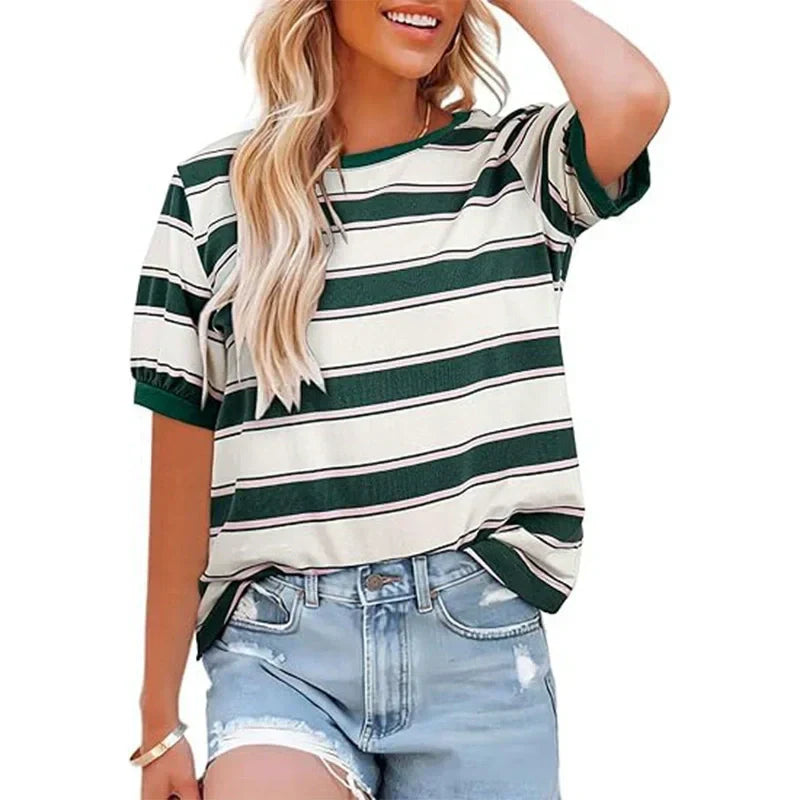 Lässiges gestreiftes T-Shirt mit Farbblockmuster für Frauen
