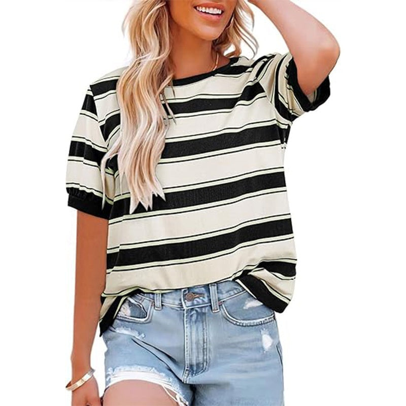 Lässiges gestreiftes T-Shirt mit Farbblockmuster für Frauen