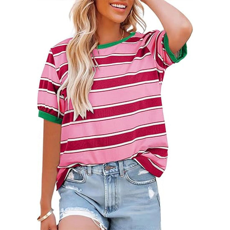 Lässiges gestreiftes T-Shirt mit Farbblockmuster für Frauen