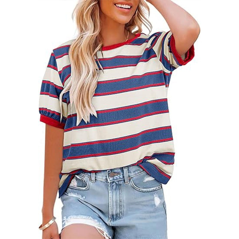 Lässiges gestreiftes T-Shirt mit Farbblockmuster für Frauen