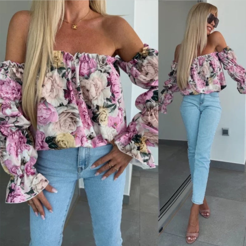 Geblümtes, gesmoktes Off-Shoulder-Top