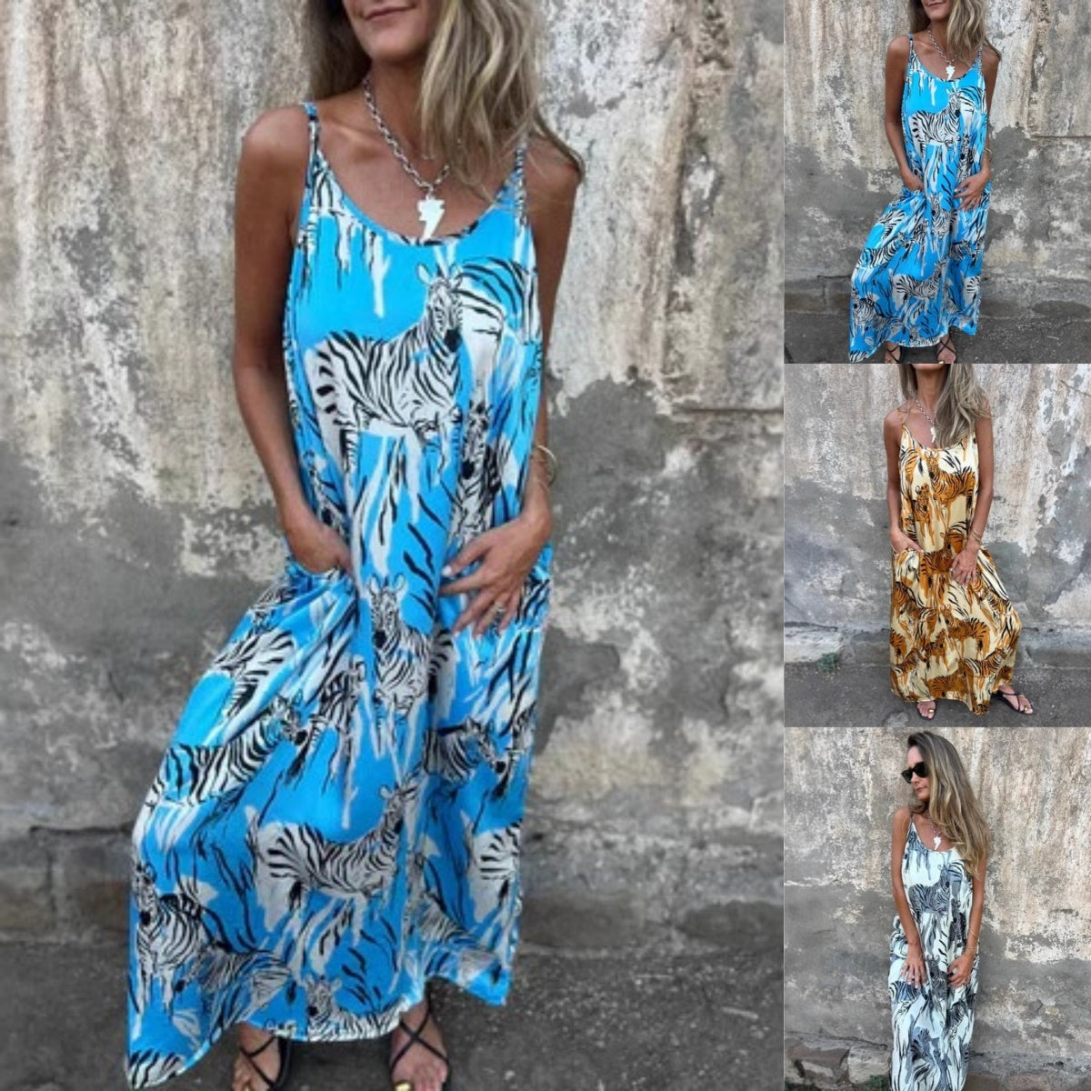 Bedrucktes rückenfreies Kleid mit Spaghetti-Trägern
