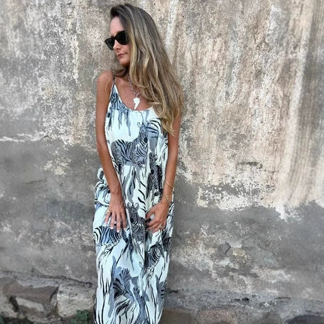 Bedrucktes rückenfreies Kleid mit Spaghetti-Trägern