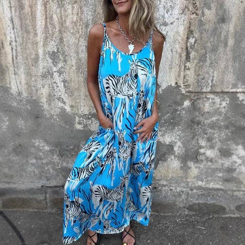 Bedrucktes rückenfreies Kleid mit Spaghetti-Trägern