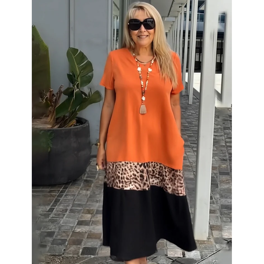 Maxikleid mit Farbblock-Leopardenmuster