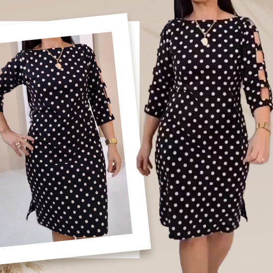 Women's Polka Dot Ausschnitt Ärmel Knielanges Kleid💞💞Trendige neue Produkte