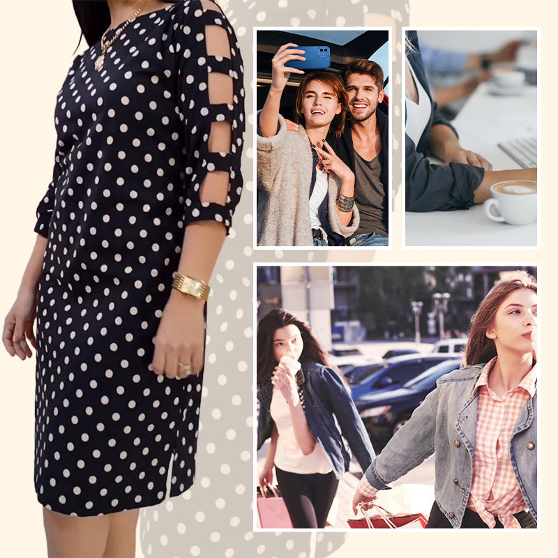 Women's Polka Dot Ausschnitt Ärmel Knielanges Kleid💞💞Trendige neue Produkte