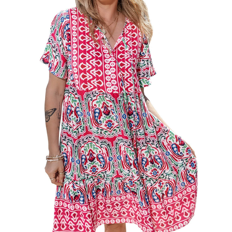 Boho Urlaubskleid mit V-Ausschnitt