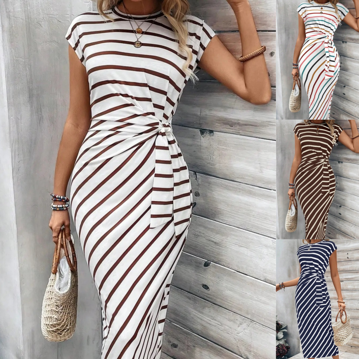 🔥Gestreiftes Kleid mit Bindegürtel für Frauen