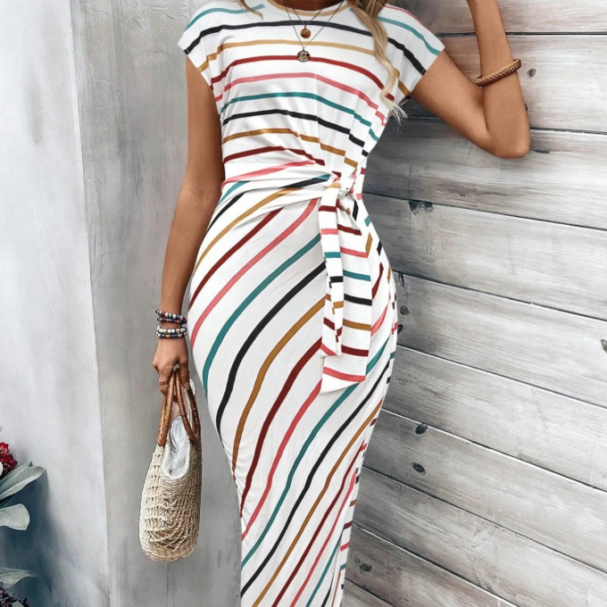 🔥Gestreiftes Kleid mit Bindegürtel für Frauen