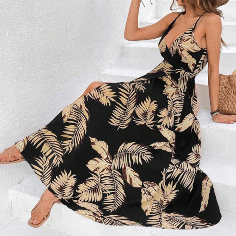 Sexy Maxikleid für Damen mit Blumendruck, rückenfrei, V-Ausschnitt, hohem Schlitz