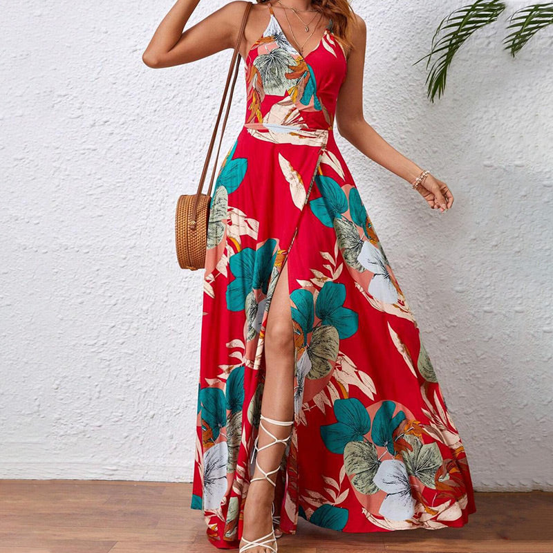 Sexy Maxikleid für Damen mit Blumendruck, rückenfrei, V-Ausschnitt, hohem Schlitz