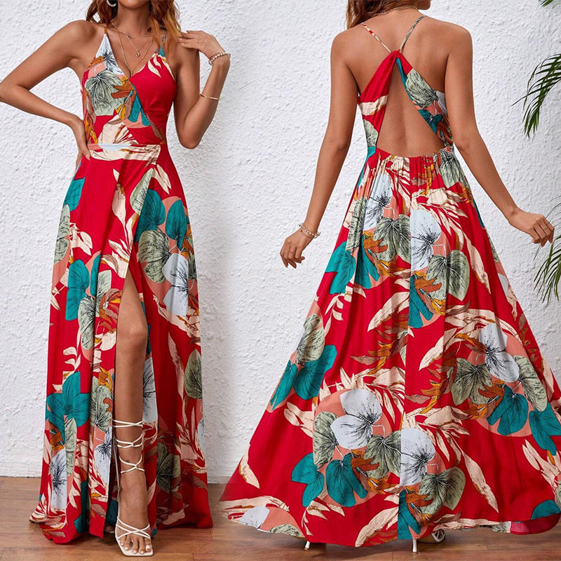 Sexy Maxikleid für Damen mit Blumendruck, rückenfrei, V-Ausschnitt, hohem Schlitz