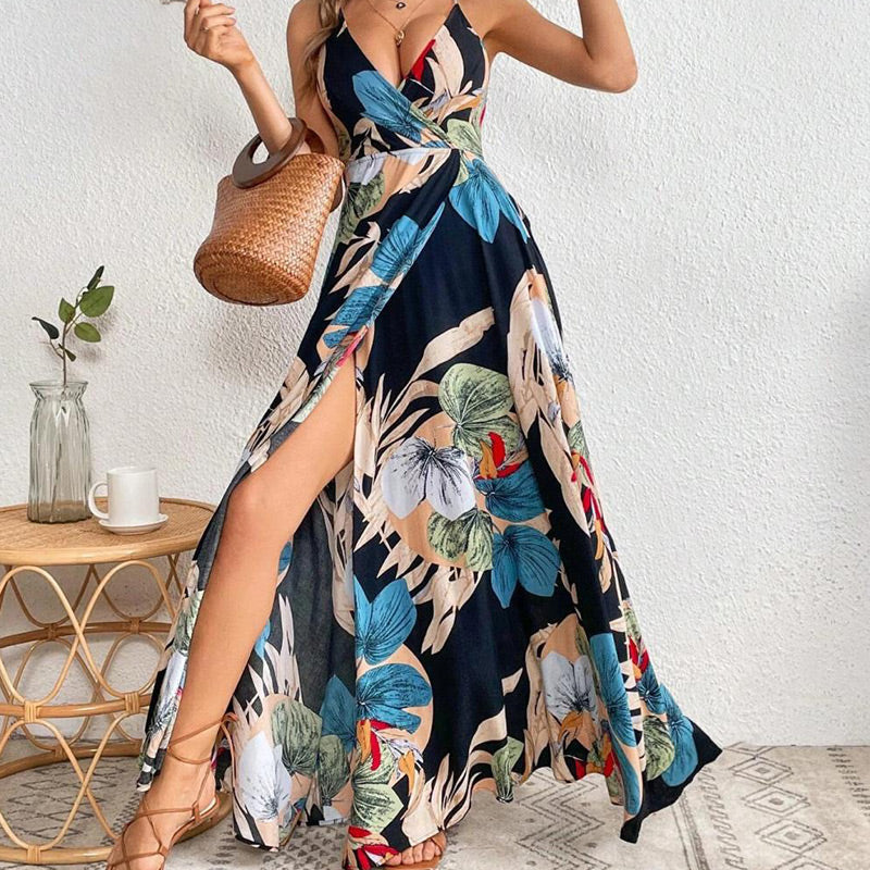 Sexy Maxikleid für Damen mit Blumendruck, rückenfrei, V-Ausschnitt, hohem Schlitz