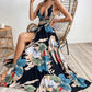 Sexy Maxikleid für Damen mit Blumendruck, rückenfrei, V-Ausschnitt, hohem Schlitz