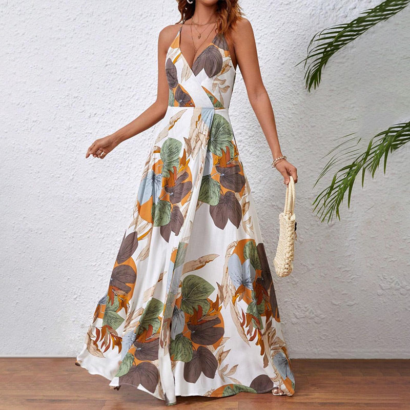 Sexy Maxikleid für Damen mit Blumendruck, rückenfrei, V-Ausschnitt, hohem Schlitz