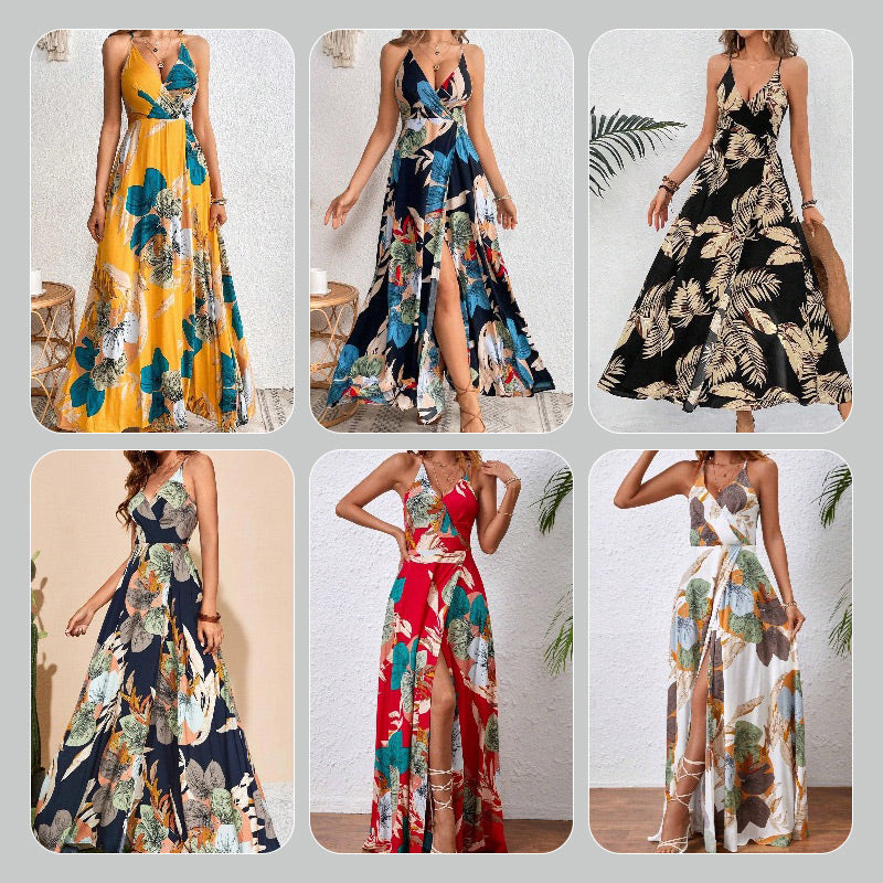 Sexy Maxikleid für Damen mit Blumendruck, rückenfrei, V-Ausschnitt, hohem Schlitz