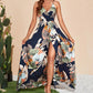 Sexy Maxikleid für Damen mit Blumendruck, rückenfrei, V-Ausschnitt, hohem Schlitz