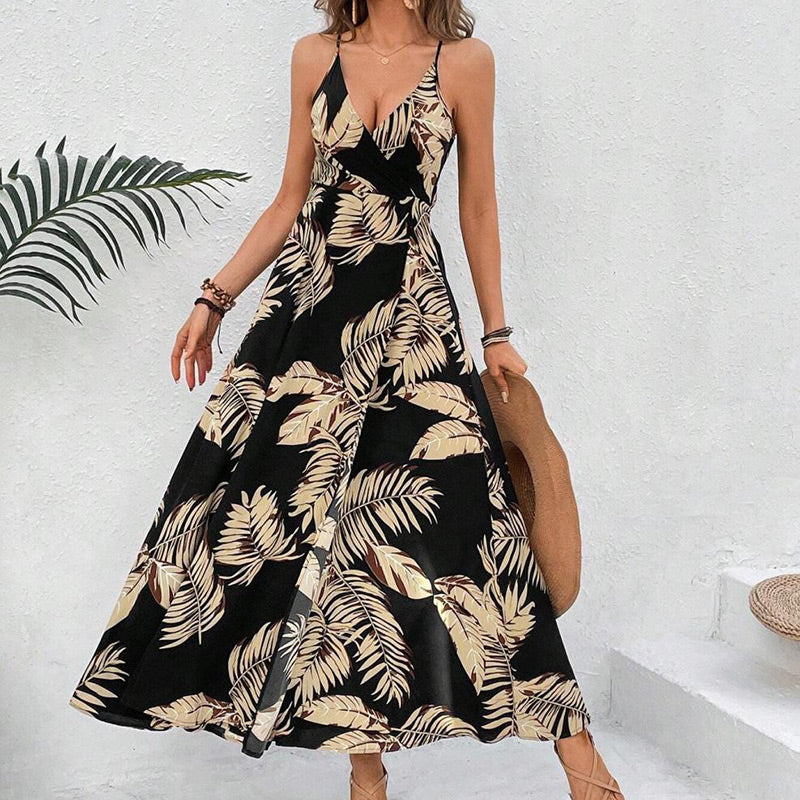 Sexy Maxikleid für Damen mit Blumendruck, rückenfrei, V-Ausschnitt, hohem Schlitz