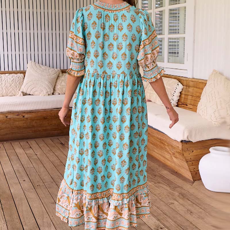 Boho-Blumenkleid mit V-Ausschnitt und hoher Taille in A-Linie