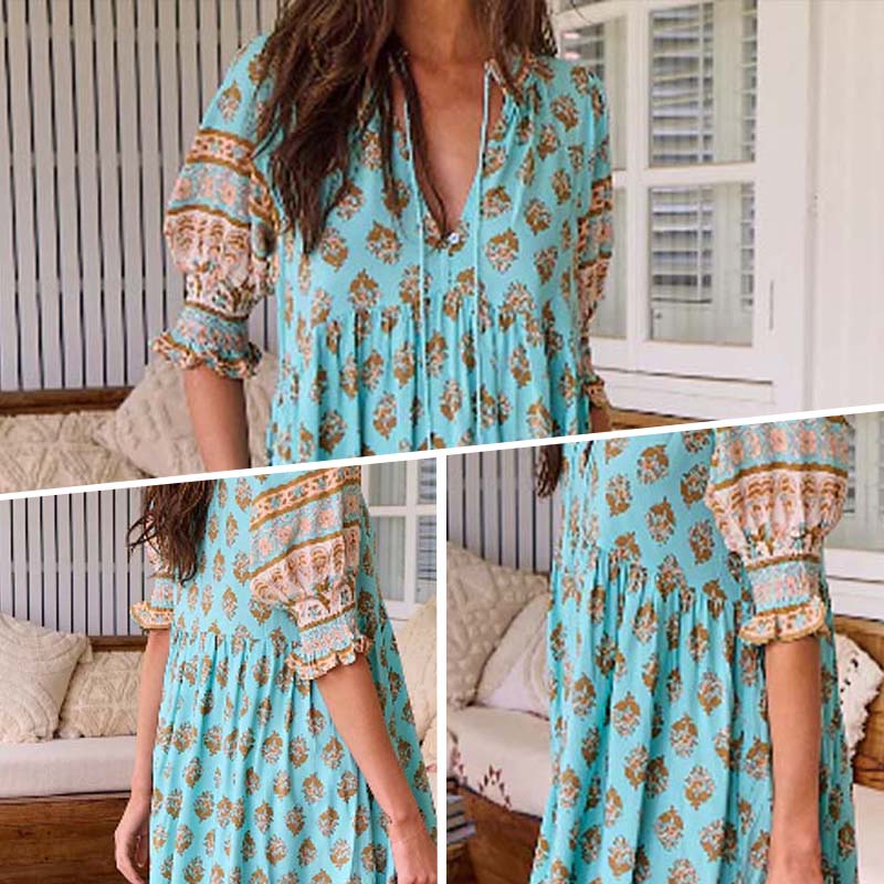 Boho-Blumenkleid mit V-Ausschnitt und hoher Taille in A-Linie